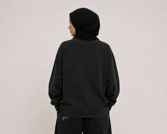 YCubed Premium Washed Oversized Long Sleeve Tee - Dark Grey